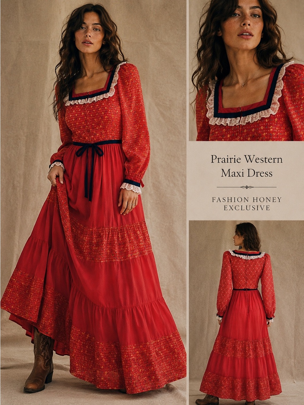 VTG 70s YOUR'S Red Pioneer Lace Gauzy Cotton Maxi Western Day Dress XS / S